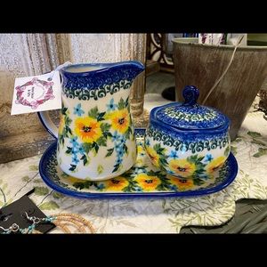 Polish Pottery Creamer & Sugar W/Tray